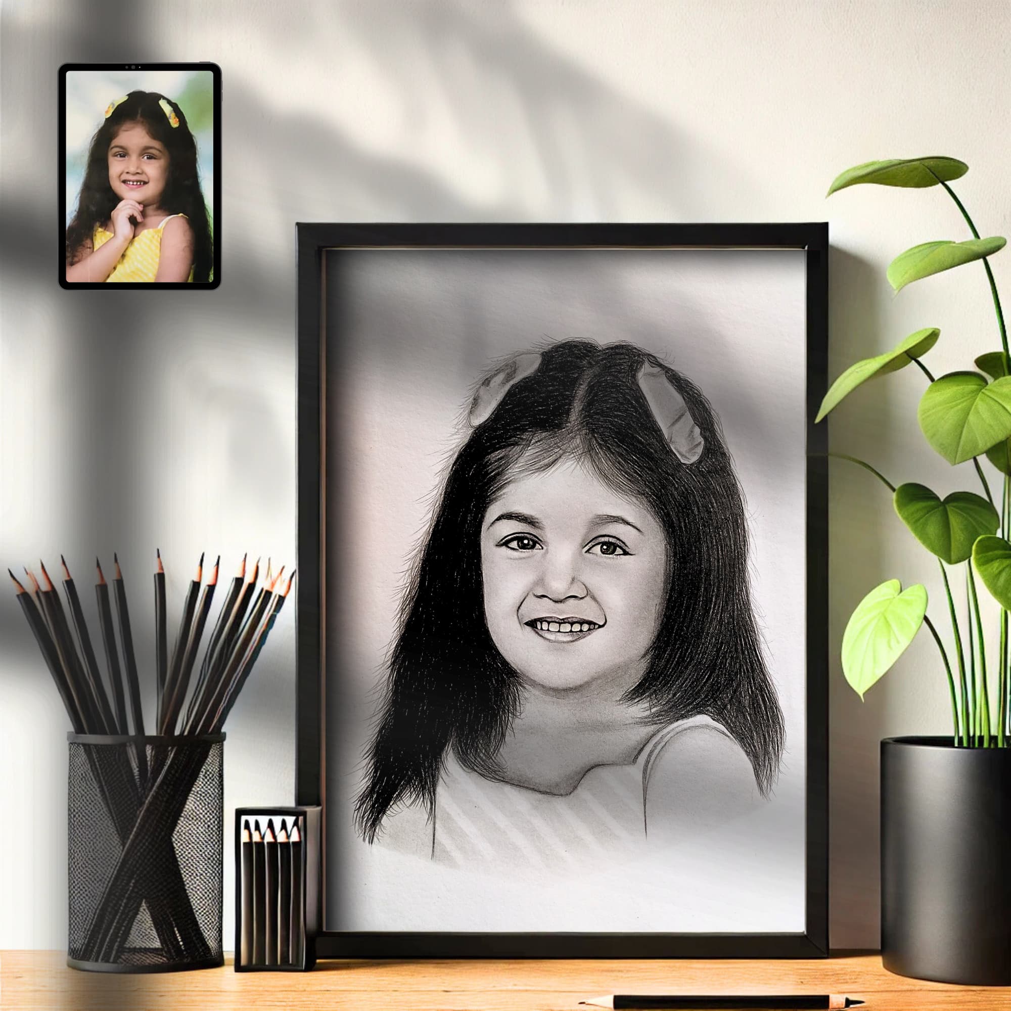 handmade portrait sketch of a little cute girl